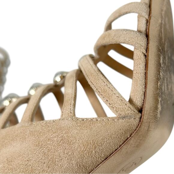 CHANEL Pearl Caged Open Toe Heeled Suede Ankle Boot Sandals - Picture 10 of 12